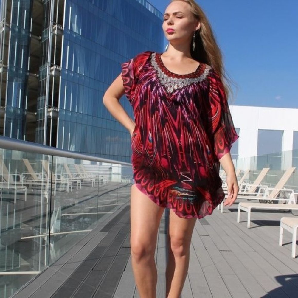 Luvzun Women Kaftan Summer Top Beaded Round Neck Red Black Size One Size